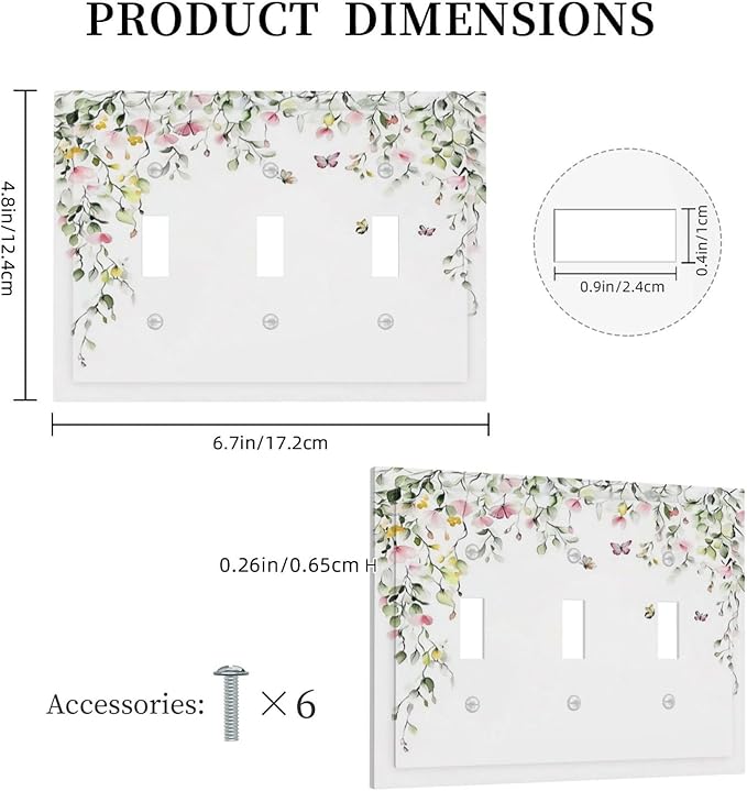 Watercolor Flowers Vine Colorful Butterfly Floral Decorative Switch Plates 3 Gang Wall Plate Triple Toggle Light Switch Cover Faceplate Electrical Wall Panels For Bed Room Living Room Decor