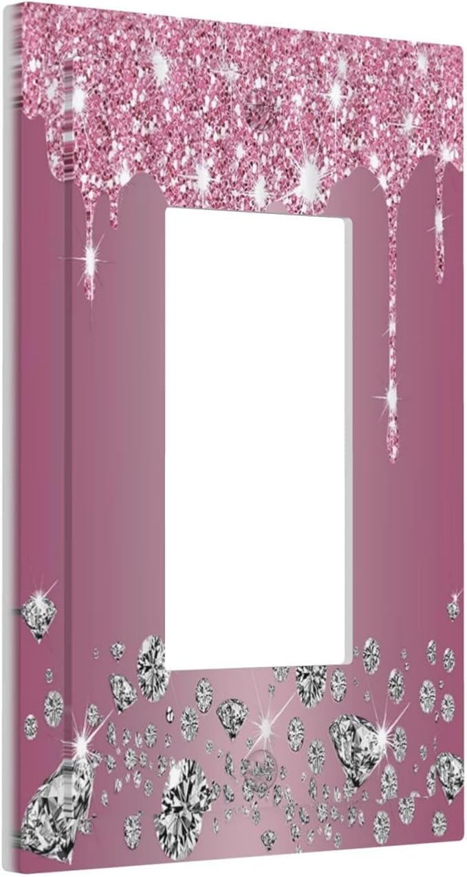 Sparkling Diamonds Pink Silver Glitter Drops Print 1 Gang Rocker Light Switch Covers Decorative Unique Single Decora Outlet Wall Plate Faceplate Switchplate GFCI for Bedroom Bathroom Decor