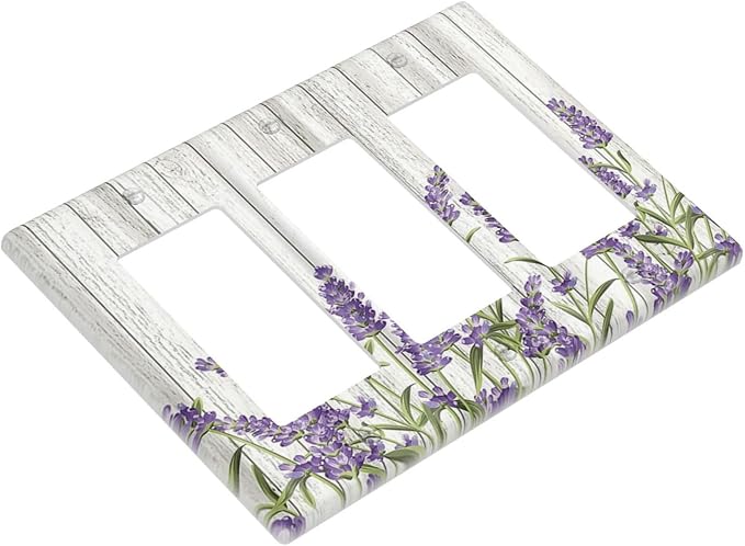 Rustic Wooden Plank Lavender 3 Gang Wall Plate Triple Rocker Light Switch Cover Decorative Switch Plates Outlet Covers Electrical GFCI Faceplate for Bedroom Bathroom Kitchen Art Decor Accessories