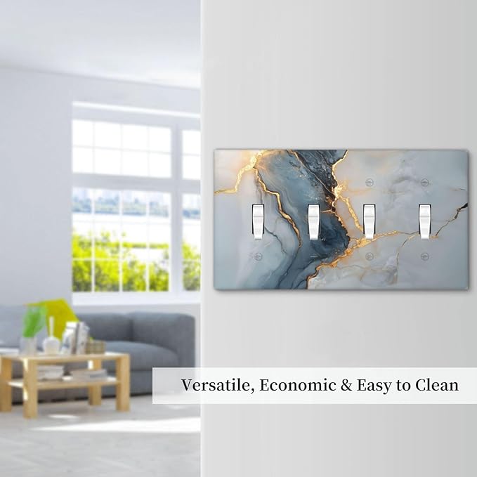 Abstract Blue Granite Luxury Texture Print Quad Toggle Light Switch Cover 4 Gang Wall Plate Decorative Electrical Switchplates Covers for Country Bathroom Bedroom Kitchen Living Room Decor