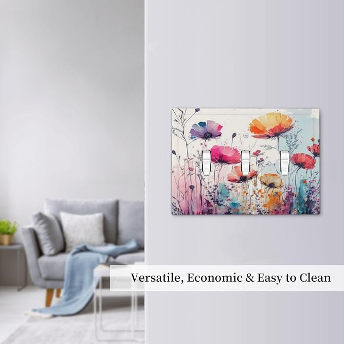 Light Switch Cover Plate Abstract Floral watercolor flowers 3 Gang Wall Plate Triple Toggle Wildflower Switch Covers Decorative Outlet Covers Electrical Switchplate for Bathroom Home Decor
