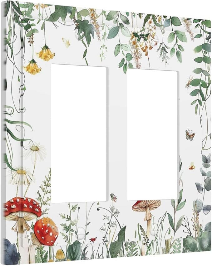 Decorative Outlet Covers Sage Plant Red Mushroom Butterfly Wild Flower 2 Gang Double Gfci Rocker Electrical Wall Panels Light Switch Cover Plate For Bed Room Kids Room Decor