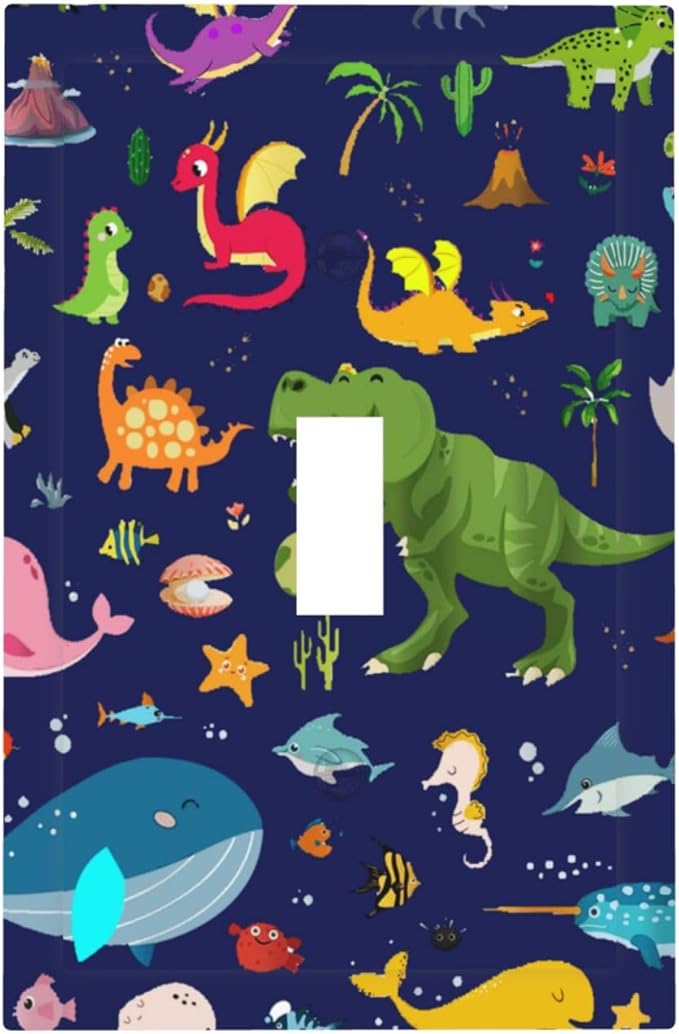 Cartoon Funny Cool Blue/Green Dinosaur Decorative Light Switch Cover 1-Gang Ocean Dolphin Safari Animal Boys Kids Single Toggle Wall Plate Electrical Device Outlet Switch Faceplate Cover Jumbo Size