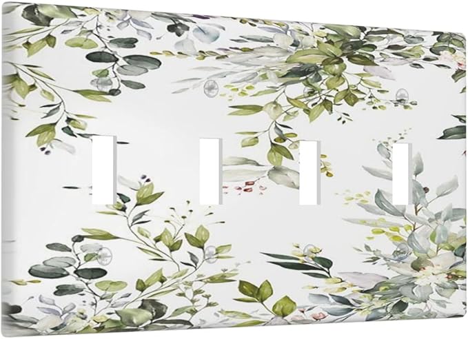Eucalyptus Sage Green Leaf Plant Floral Light Switch Covers Quad Toggle Electrical Faceplate 4 Gang Wall Plate Decorative Switch Plates for Bedroom Living Room Decor
