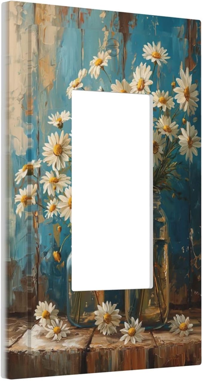 Delicate White Daisy Jars Retro Wood Background Decorative Outlet Covers 1 Gang Single Rocker Light Switch Cover Plate Wall Plates GFCI Faceplate for Farmhouse Home Decor