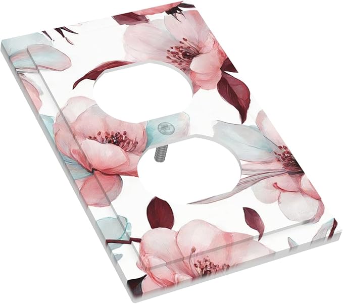 Watercolor Pink Cherry Blossom & Floral Burst Duplex Wall Plate - 1-Gang Standard US Size Romantic Floral Escape Outlet Covers for Bathroom Bedroom Vanity Decor