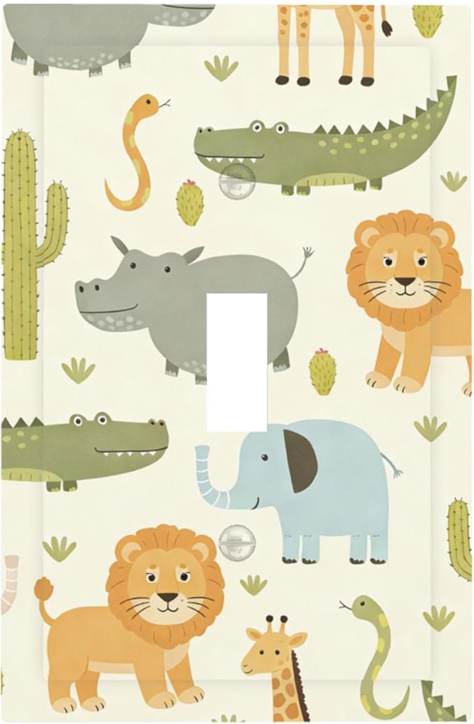 African Safari Animals 1-Gang Toggle Light Switch Plate, Cute Hippo Crocodile Lion Elephant And Giraffe Funny Wildlife Decorative Wall Plate for Boys & Girls Room