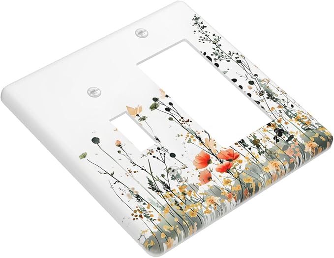 Vintage Country Style Watercolor Leaves Wildflowers Floral Outlet Covers 1 Toggle 1 Rocker Combination Decorative Wall Plate Electrical Switch Plates Light Switch Cover Plate for Bedroom Living Room