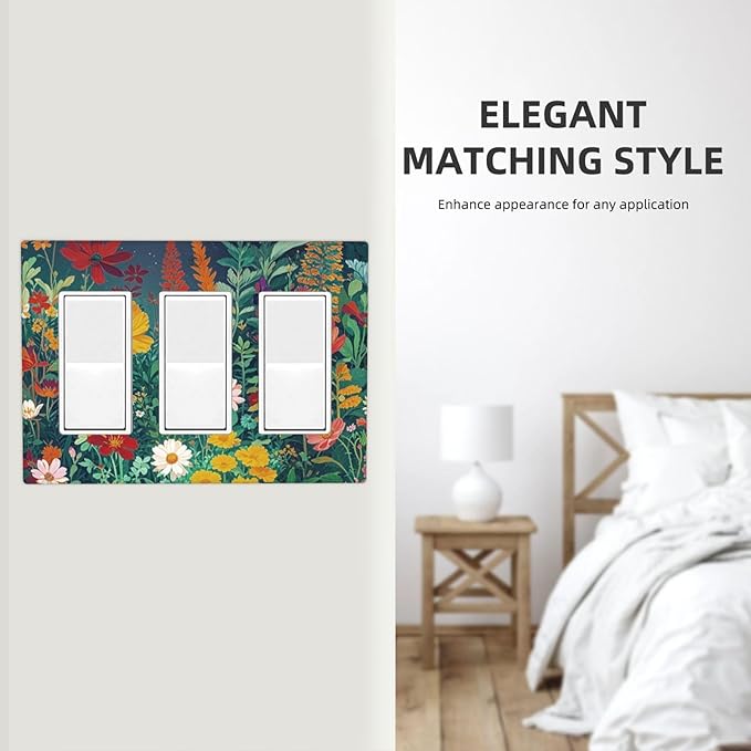 Decorative Light Switch Plate with Wildflowers & Stars Botanical Floral Art Design 3 Gang Outlet Covers Triple Rocker Wall Plate Switch Plate Cover for Garden Theme Wall Decor