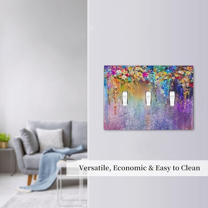 Colorful Floral Watercolor Flower 3 Gang Light Switch Plate Decorative Purple Triple Toggle Wall Plate Cover Electrical Faceplate Switchcover for Farmhouse Bathroom Home Bedroom Art Panel Decor