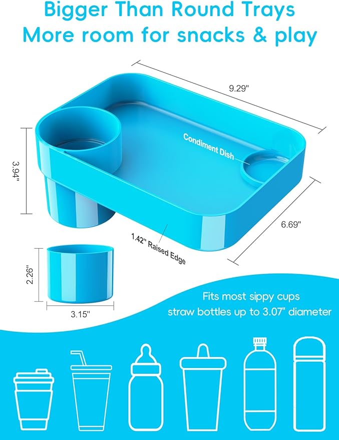Car Seat Cup Holder Snack Tray for Kids, Reduces Mess, Detachable Large Base & Adjustable Ring, Carseat Tray for Toddler, Car Seat Food Tray Eating Table for Kids Travel Road Trip -Sky Blue