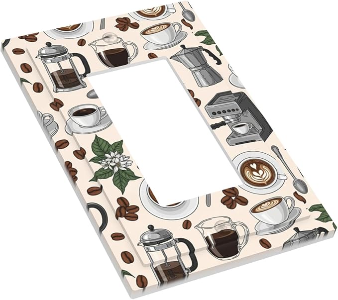 Whimsical Coffee Shop Single Rocker Switch Cover - 1-Gang Standard US Size Vintage Coffee Pattern Light Switch Covers, Café Culture Espresso for Dining Room Decor