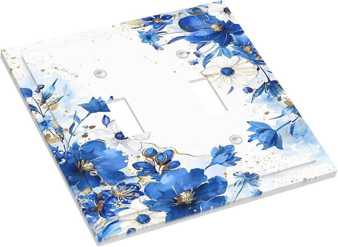 Klein Blue Flowers Watercolor Golden White Floral Decorative Switch Plates 2 Gang Double Toggle Outlet Light Switch Cover Wall Plate Electrical Faceplate for Bedroom Living Room Decor