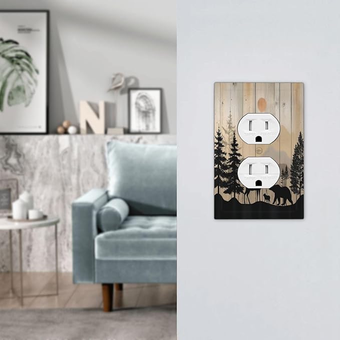 Outlet Covers Wood Board Wildlife Cute Bear Deer Forest Rustic 1 Gang Duplex Wall Plate Decorative Switch Plates Electrical Receptacle Faceplate Light Switch Cover for Bathroom Farmhouse