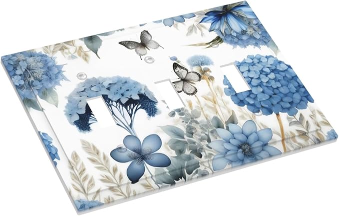 Blue Floral Hydrangea Floral Butterfly Flower Plant Decorative Switch Plates 3 Gang Wall Plate Triple Toggle Light Switch Cover Faceplate Electrical Wall Panels for Bedroom Living Room Decor