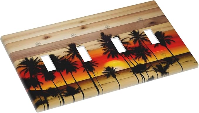 Sunset Beach Coconut Palm Tree Wooden Background Light Switch Covers Quad Toggle Electrical Faceplate 4 Gang Wall Plate Decorative Switch Plates for Bedroom Living Room Decor
