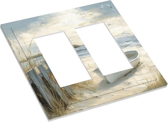 Sea Beach Double Rocker Light Switch Cover Old Ship Reed Lighthouse Seascape 2 Gang Outlet Covers Switchplates Decorative Wall Plate for Country Bedroom Kitchen Living Room Decor