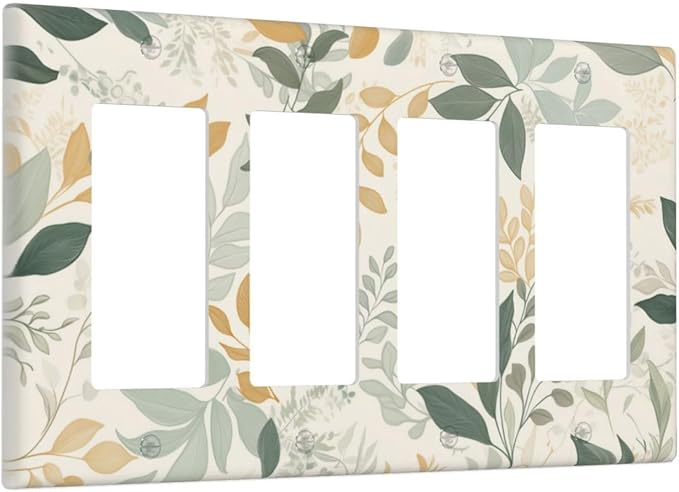 Boho Watercolor Leaves 4 Gang Light Switch Cover Plate Watercolor Green Botanical Quad Rocker Outlet Covers Switchplates Decorative Electrical Faceplate for Bedroom Kitchen Living Room Decor