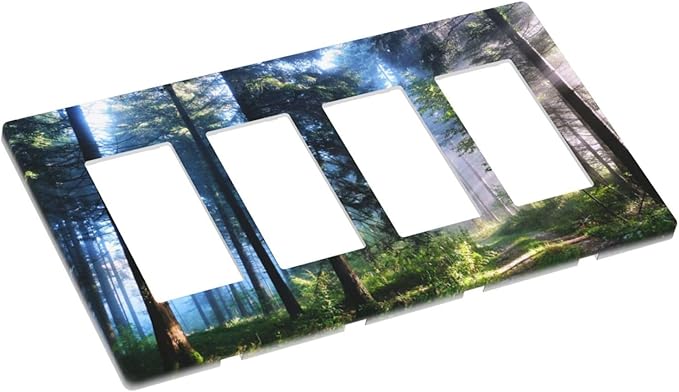Green Landscape Forest Tree 4 Gang Quad Rocker Light Switch Cover Plate Decorative Electric Faceplate Switchplate Living Room Bedroom Decorate Jumbo Screwless