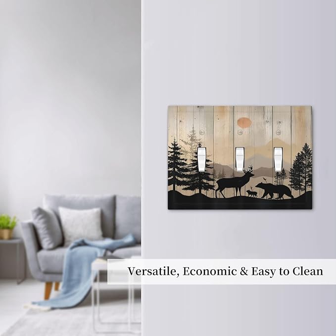 Decorative Switch Plates Wood Board Wildlife Cute Bear Deer Forest Rustic 3 Gang Wall Plate Triple Toggle Light Switch Cover Faceplate Electrical Wall Panels for Bathroom Farmhouse Decor