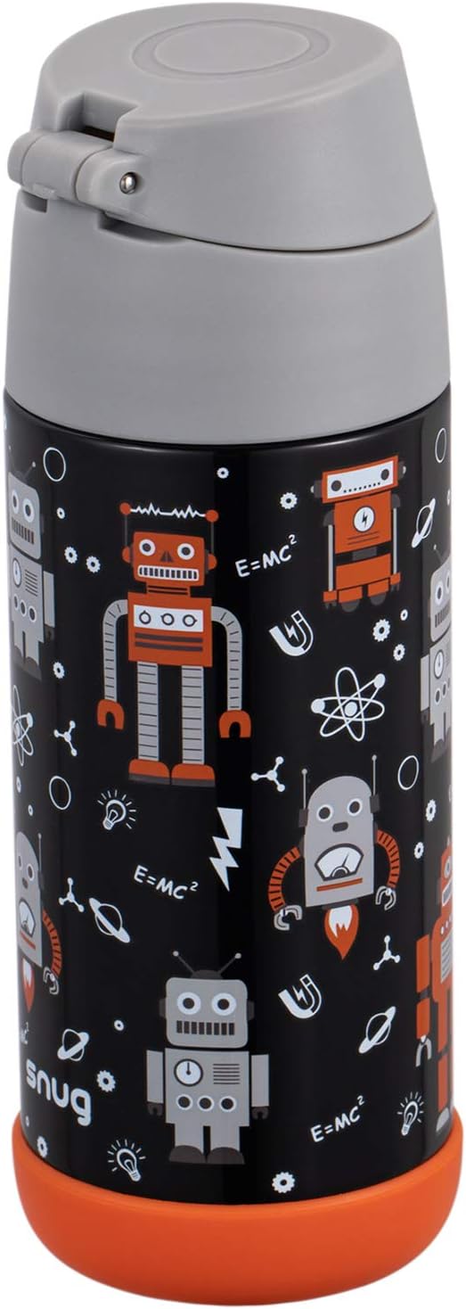 Snug Insulated Kids Water Bottle with Straw & Spout – Double-Wall Stainless Steel, Leakproof, Easy-Flip Lid – For School, Travel, Toddlers & Big Kids - Robots, 12oz