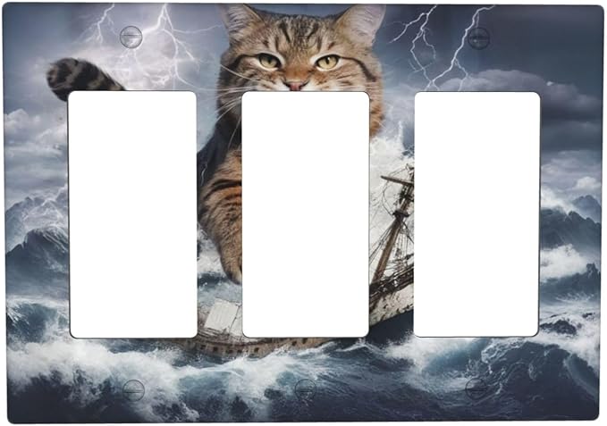 Decorative Outlet Covers Funny Cat Sea Ship Ocean Billow Wave Novelty 3 Gang Wall Plate Triple Rocker Switch Light Switch Plate Covers Jumbo Electrical GFCI Switch Cover Plate