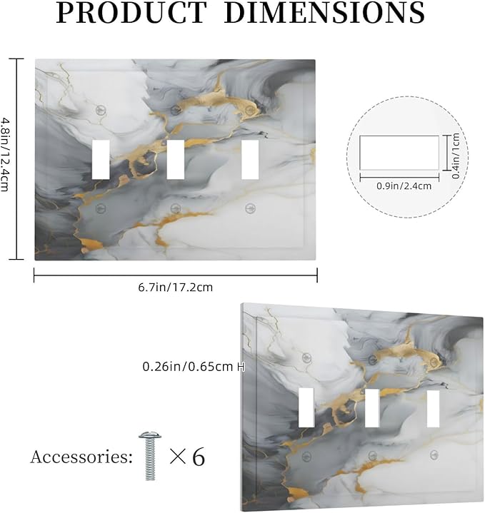 Gold Marble Grey Art Abstract Luxury Print Decorative Switch Plates 3 Gang Wall Plate Triple Toggle Light Switch Cover Faceplate Electrical Wall Panels for Kitchen Bathroom Decor