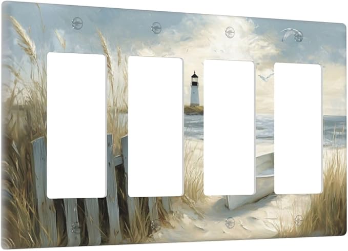 Sea Beach 4 Gang Light Switch Cover Old Ship Reed Lighthouse Seascape Quad Rocker Outlet Covers Switchplates Wall Plate Decorative Faceplate for Bedroom Kitchen Living Room Decor