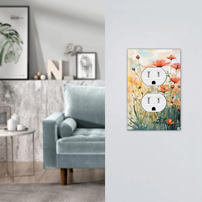 Vintage Red Orange Yellow Poppy Floral Flowers Outlet Covers 1 Gang Duplex Light Switch Cover Decorative Switch Plates Electrical Receptacle Faceplate Wall Plate for Bedroom Living Room Decor