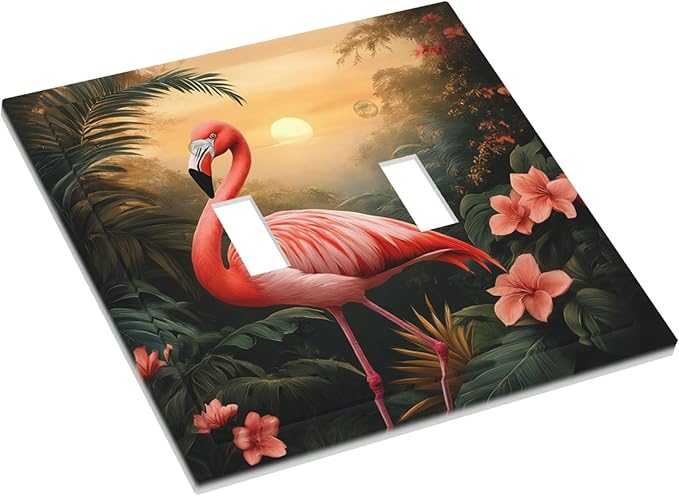 Tropical Flamingo Jungle Paradise Double Toggle Switch Cover - 2-Gang Standard US Size Exotic Jungle Escape Light Switch Covers for Bathroom Decor