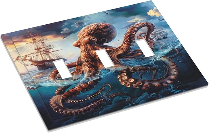 Light Switch Cover Plate Deep Ocean Octopus Sailboat Sea Monster 3 Gang Triple Toggle Decorative Switch Plates Wall Plates Electrical Switchplate Faceplate for Bathroom Bedroom Decor