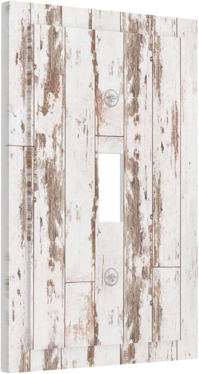 Rustic Cabin Barn White Wooden Brown Farmhouse 1 Gang Light Switch Plate Decorative Single Toggle Wall Plate Cover Electrical Switchplate Faceplate For Country Vintage Bedroom Room Decorate