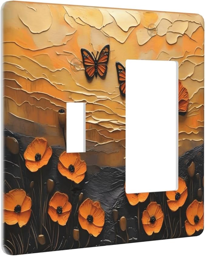 Oil Painting Flower Sunset Butterfly Vintage Rustic Floral Outlet Covers 1 Toggle 1 Rocker Combination Decorative Wall Plate Electrical Switch Plates Light Switch Cover Plate for Bedroom Living Room