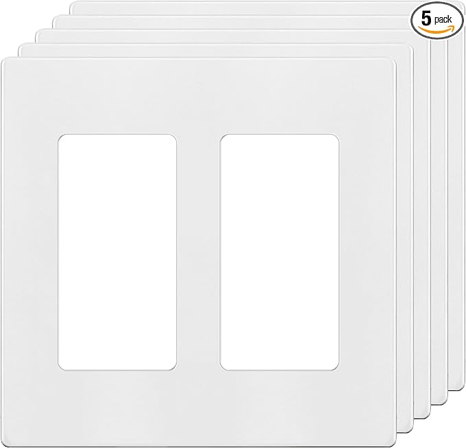 TG Screwless Decorator Wall Plates Child Safe Outlet Covers, Size 2-Gang 4.50" H x 4.55” L, Unbreakable Polycarbonate Thermoplastic, UL Listed, Glossy, White (5 Pack)