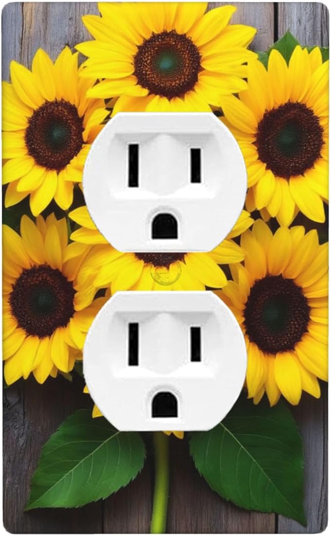 1-Gang Duplex Wall Plate, Yellow Floral Sunflower Printed Pattern Outlet Cover, Faux Rustic Wood Look Decor for Farmhouse Kitchen