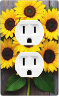 1-Gang Duplex Wall Plate, Yellow Floral Sunflower Printed Pattern Outlet Cover, Faux Rustic Wood Look Decor for Farmhouse Kitchen
