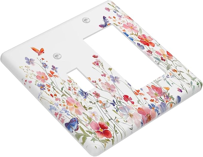 Colorful Flower Watercolor Floral Butterfly Bird Outlet Covers 1 Toggle 1 Rocker Combination Decorative Wall Plate Electrical Switch Plates Light Switch Cover Plate for Bedroom Living Room Decor