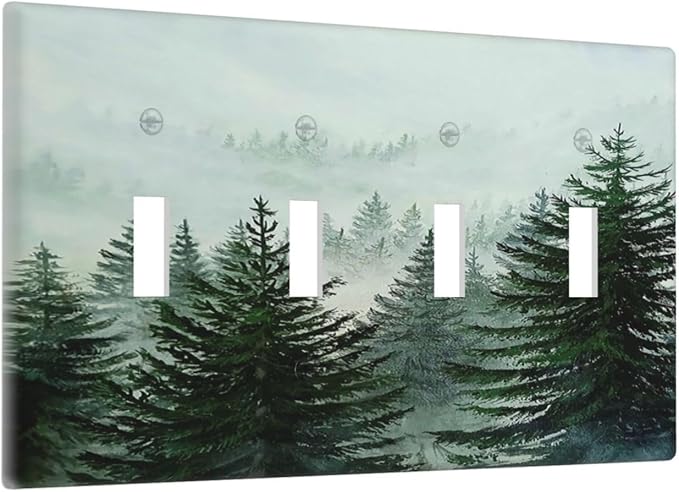 Forest Pinetrees Misty Landscape Nature Light Switch Covers Quad Toggle 4 Gang Wall Plate Decorative Switch Plates Electrical Faceplate for Bedroom Farmhouse Decor