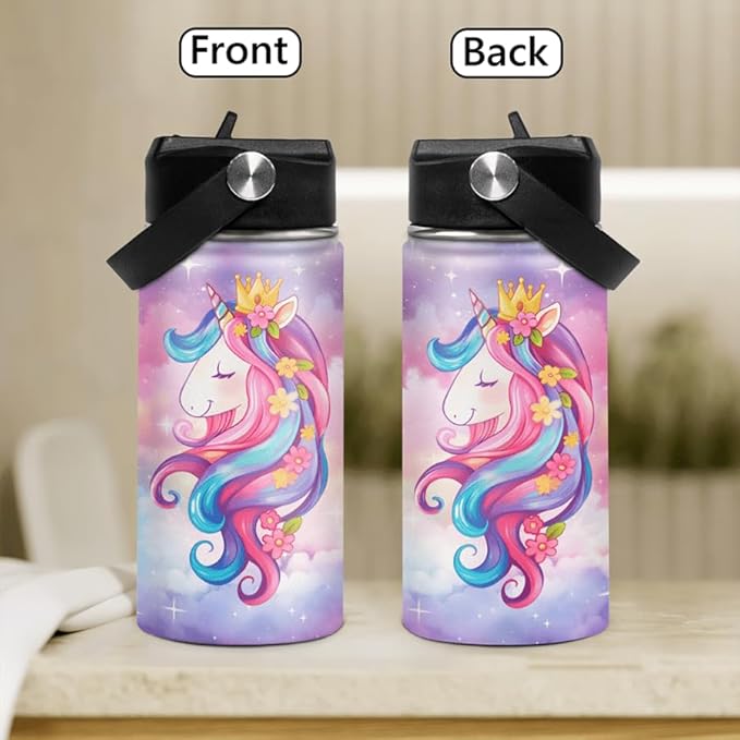 Unicorn Kids Water Bottle Insulated Water Bottles 12oz with Straw Stainless Steel Travel School Tumbler Double Wall Vacuum Cup for Girls Kid Boys