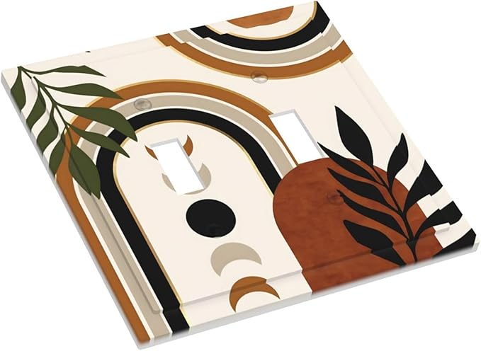 Boho Mid Century Arch Plant Leaves Sun Moon Decorative Switch Plates 2 Gang Double Toggle Outlet Light Switch Cover Wall Plate Electrical Faceplate for Bedroom Living Room Decor