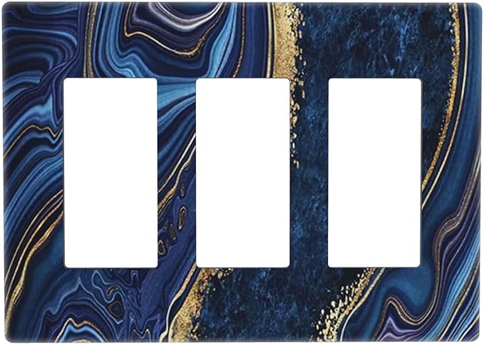 Navy Blue Marble 3 Gang Triple Rocker/Decor Light Switch Wall Plate Cover Decorative Electrical Faceplate For Boys Living Room Bedroom Decor Screwless 6.57" x 4.65