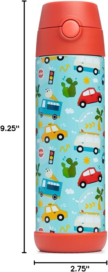 Snug Insulated Kids Water Bottle with Straw & Spout – Double-Wall Stainless Steel, Leakproof, Easy-Flip Lid – For School, Travel, Toddlers & Big Kids - Cars, 17oz