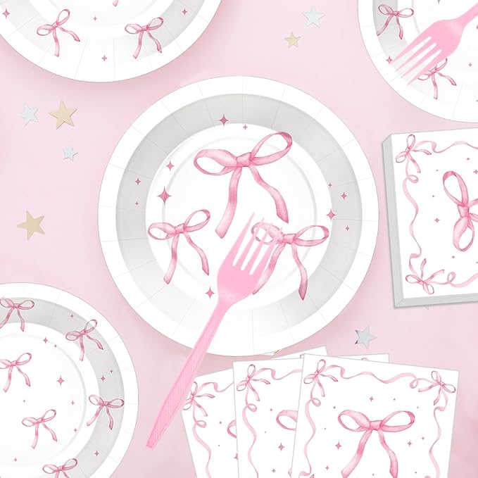 100 Pcs Pink Ribbon Bow Party Supplies Set, Serves 25 – Disposable Paper Plates, Napkins, and Plastic Forks, Coquette-Inspired Bow-Themed Tableware for Birthday, Bridal Shower, Wedding Decorations