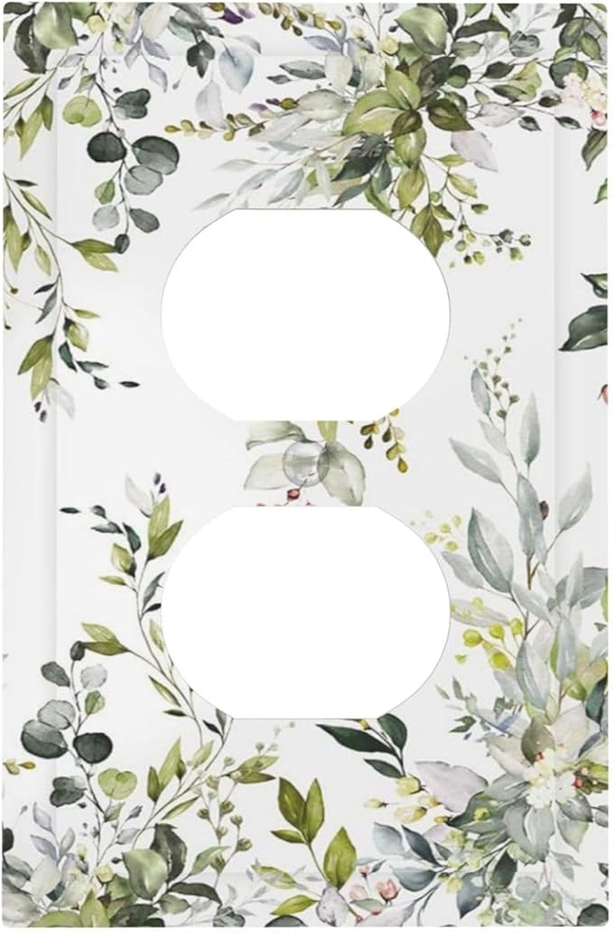 Eucalyptus Sage Green Leaf Plant Floral Outlet Covers 1 Gang Duplex Light Switch Cover Decorative Switch Plates Electrical Receptacle Faceplate Wall Plate for Bedroom Living Room Decor