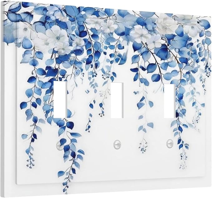 Blue Eucalyptus Leaves Floral Vine Flower Decorative Switch Plates 3 Gang Wall Plate Triple Toggle Light Switch Cover Faceplate Electrical Wall Panels for Bedroom Living Room Decor