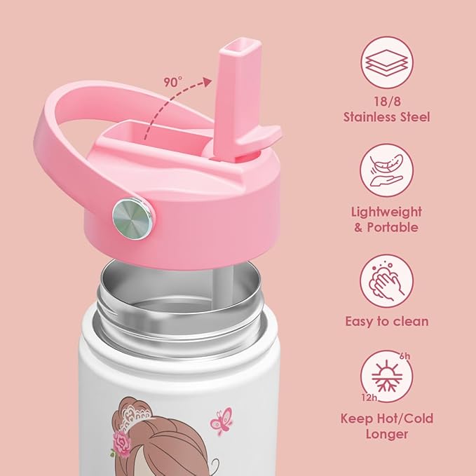 Ballet Kid 12oz Water Bottle with Straw Lid - 2-Pack Insulated Stainless Steel Water Bottles for Kids Girls - Travel Cup for School Sports