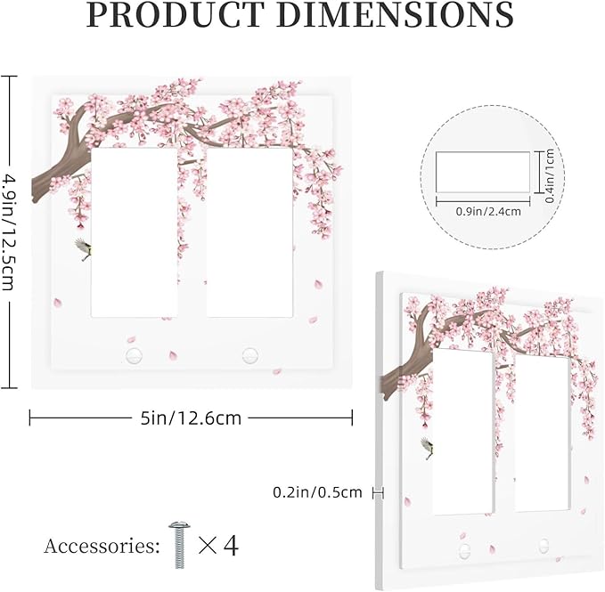 Pink Flower Tree Branch Cherry Blossom Tree Floral Birds Decorative Outlet Covers 2 Gang Double GFCI Rocker Electrical Wall Panels Light Switch Cover Plate for Bedroom Living Room Decor