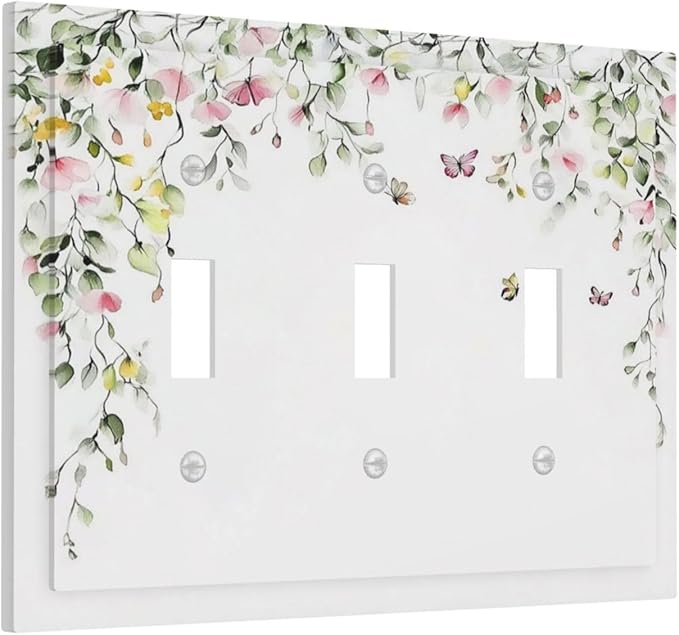 Watercolor Flowers Vine Colorful Butterfly Floral Decorative Switch Plates 3 Gang Wall Plate Triple Toggle Light Switch Cover Faceplate Electrical Wall Panels For Bed Room Living Room Decor