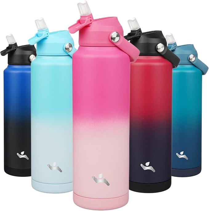 Konokyo Insulated Water Bottle with Straw Lid,40 oz Stainless Steel Vacuum Metal Bottle with Silicone Handle,Cherry Blossom