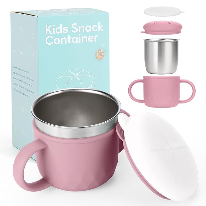 Toddler Snack Containers Stainless Steel Spill-Proof Snack Containers for Toddlers with Spill-Proof Silicone Lids and Handles 4-in-1 Baby Snack Cup is Dishwasher Safe for Easy use On The Go（Pink）